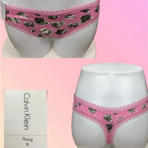 Calvin Klein XL Pink Rose Flower Print Scallop Lace Trim Thong Panties